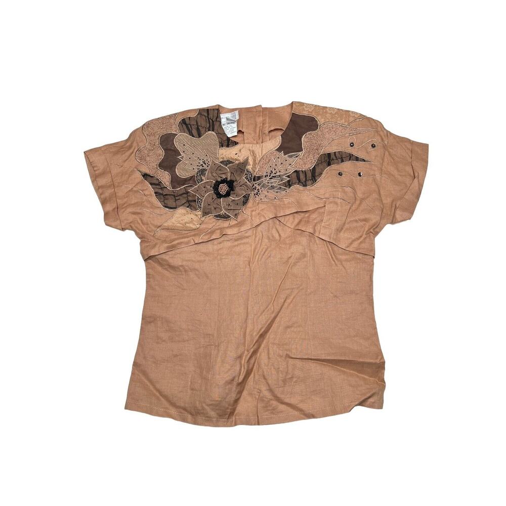 Vtg NOS Anne French Artsy Art to Wear Embellished 100% Ramie Blouse SZ 10 Khaki